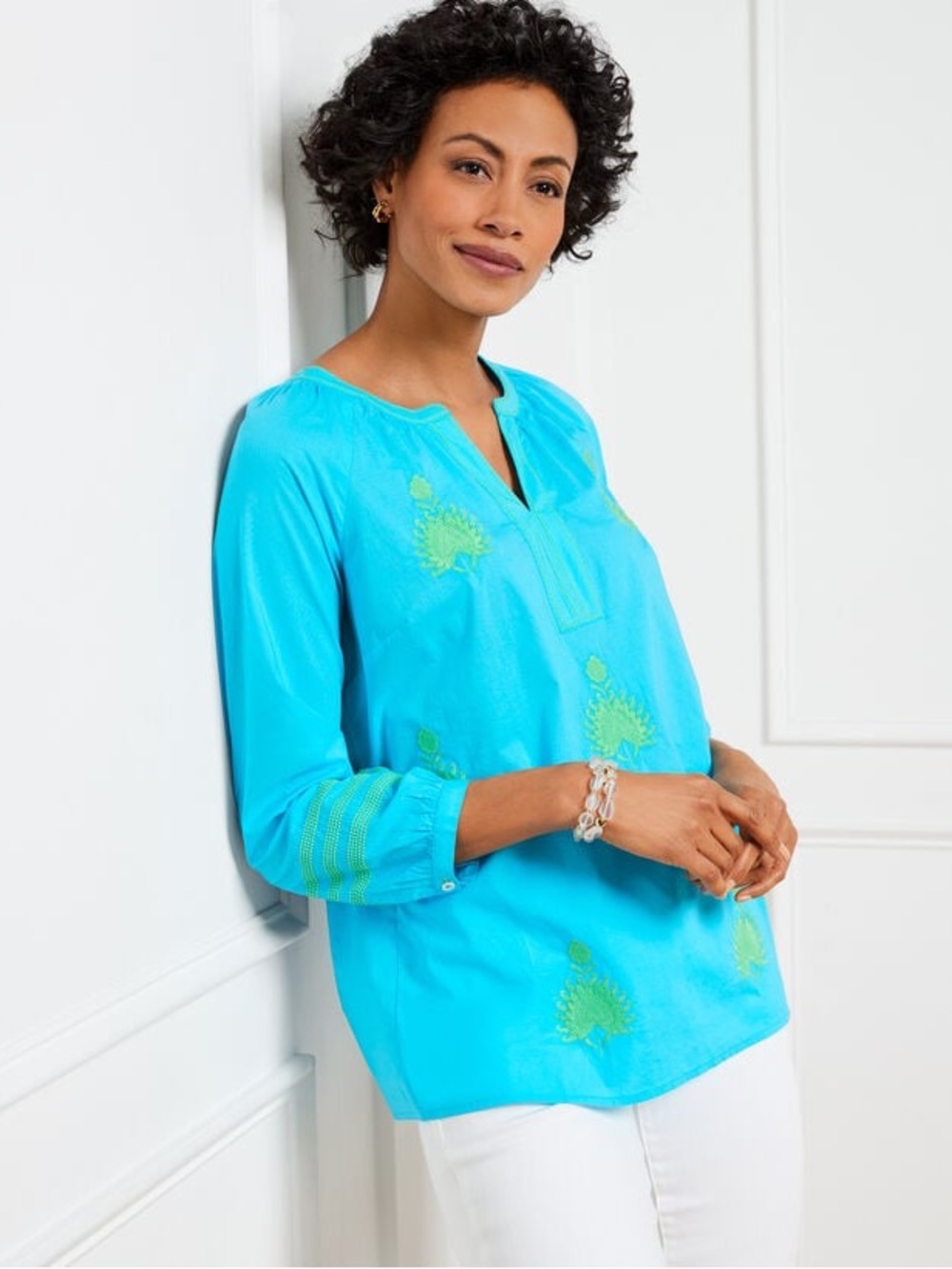 Bright Turquoise Embroidered Women's Tunic Top